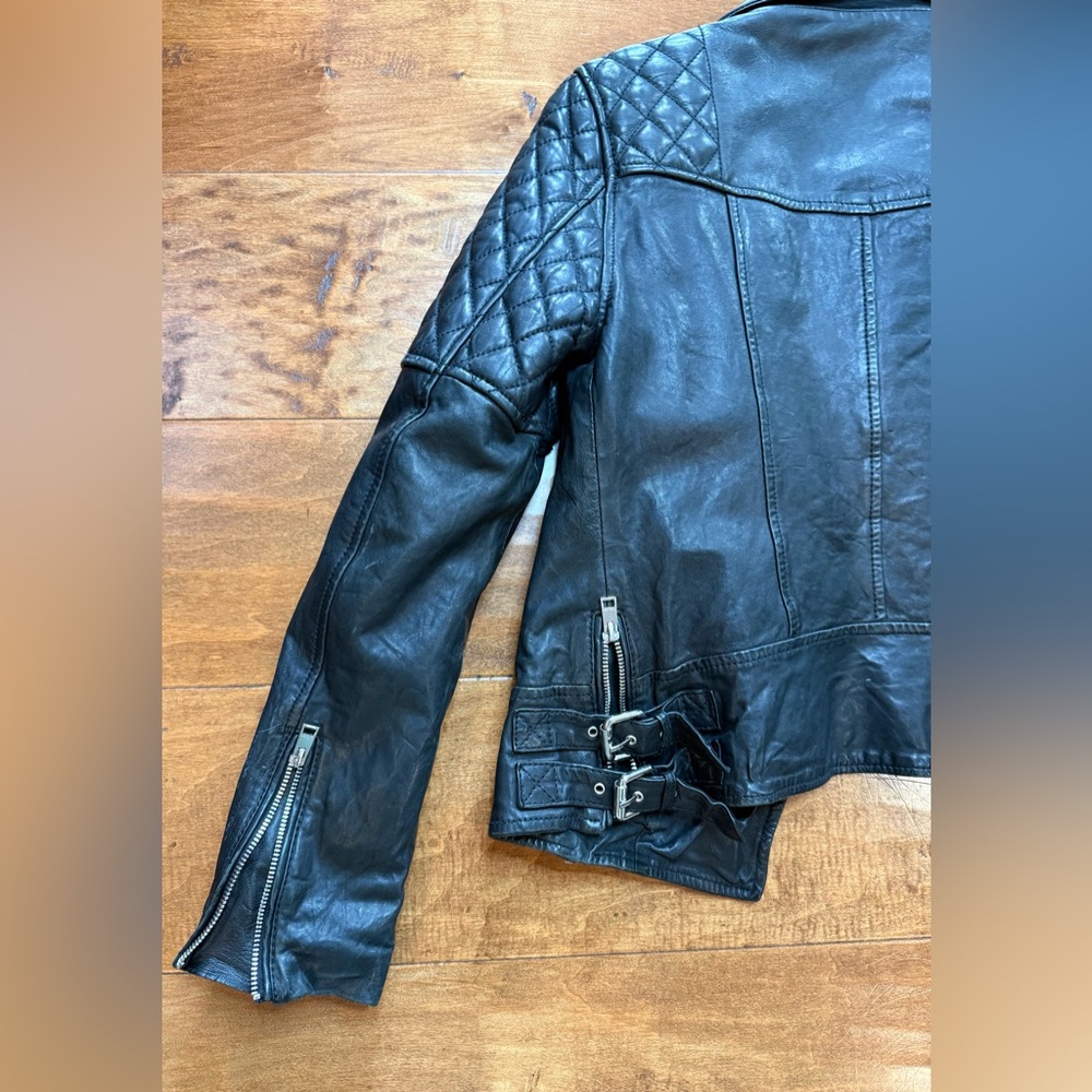 AllSaints Walker Quilted Leather Moto Jacket Black Buckle US 6 - Picture 10 of 13